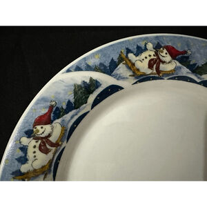 (2) Oneida Snowman Dinner Plates Snow Valley Winter Blue 10.25" Sled Retired EUC